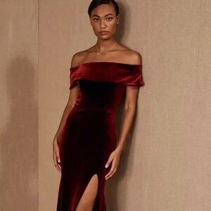 BHLDN Bordeaux Fawn Off the Shoulder Velvet gown